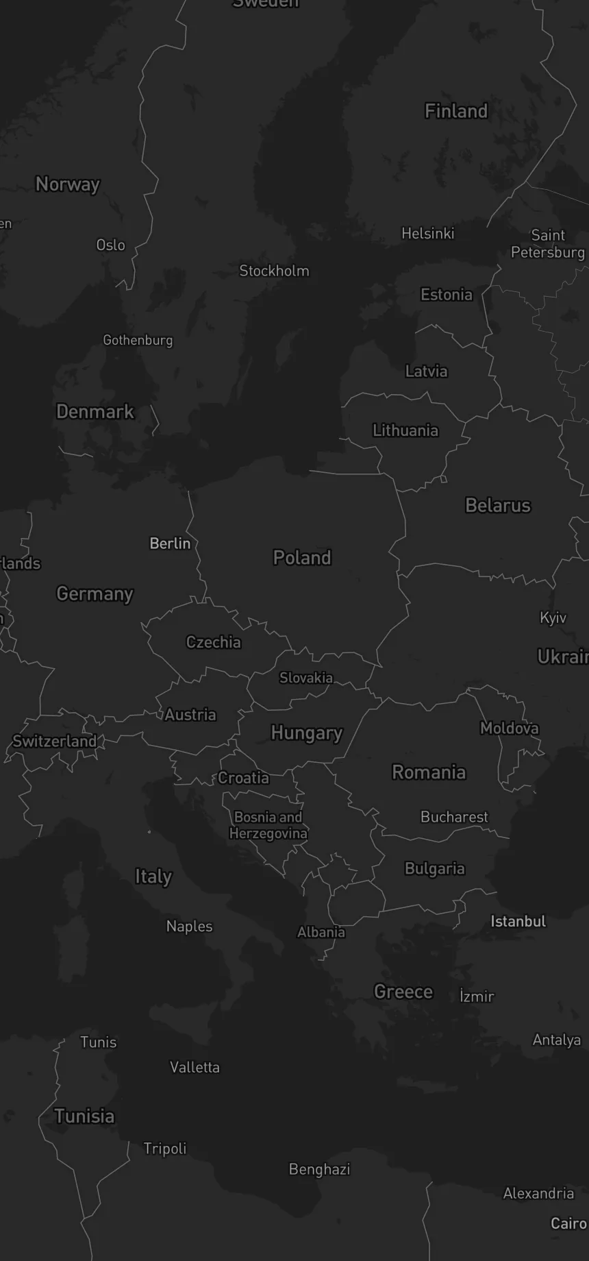 A Loci trip map — a Euro Summer route from Stockholm to Santorini, drawn as an orange flight-path across a dark map of Europe.